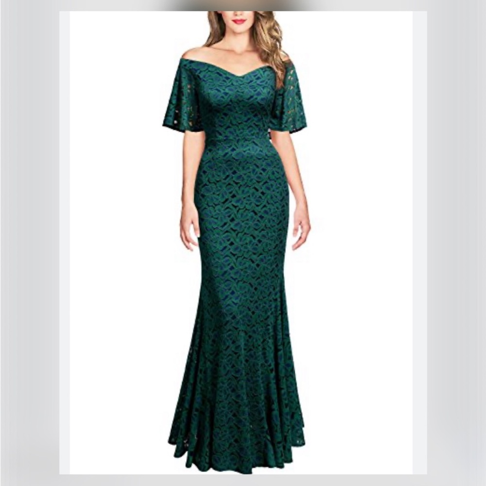 Miusol Women's Vintage Forest Green Off Shoulder Floral Lace Formal Maxi Dress M